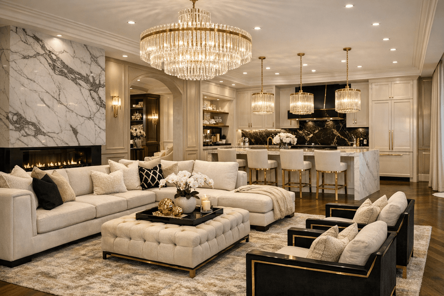 Luxurious living room and kitchen with tans, creams, white, gold, and black aesthetic.