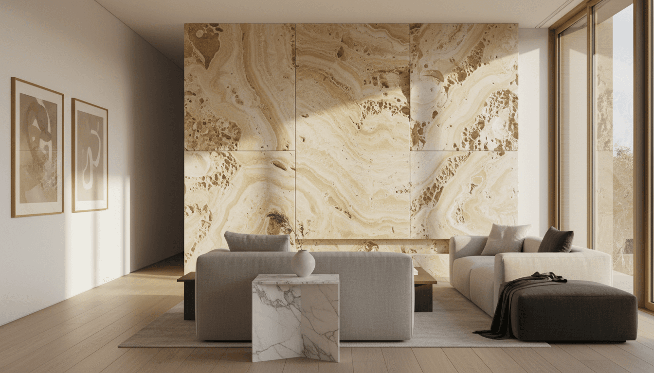 Modern residential interior with floor-to-ceiling travertine accent wall, contemporary furnishings, and natural afternoon light creating dimensional texture