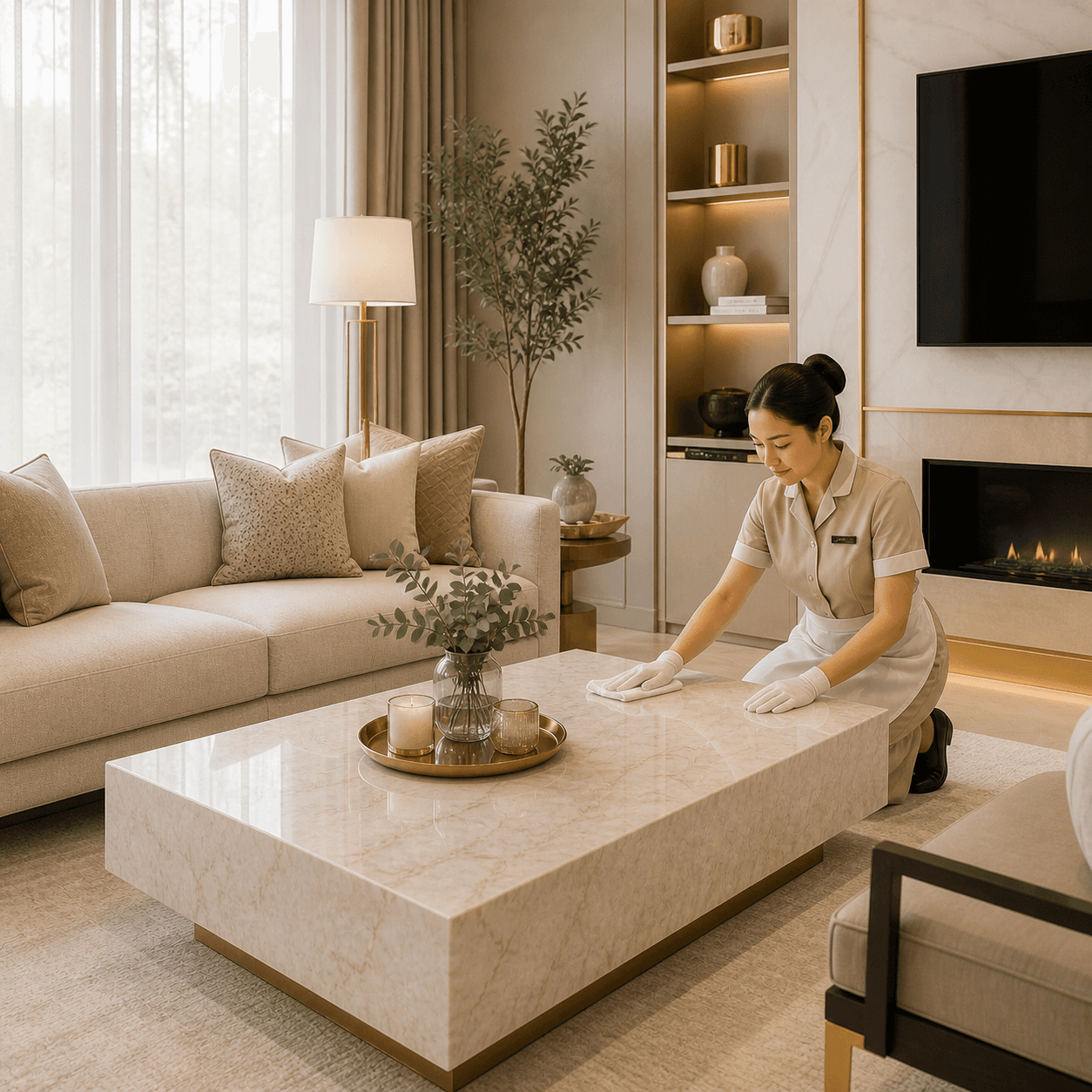 Uniformed housekeeper cleans a marble coffee table with white gloves in a luxury living room.