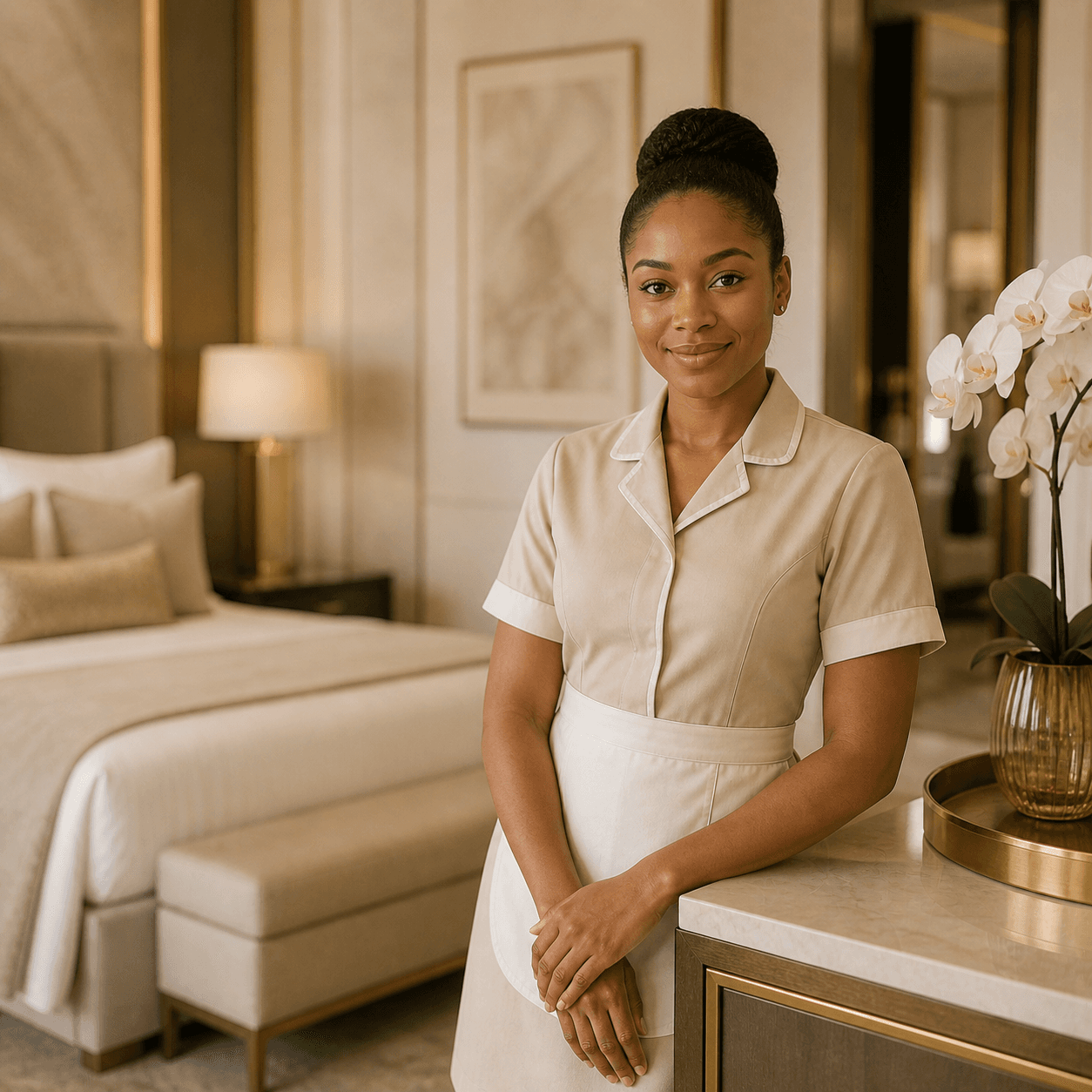 Smiling hotel housekeeper in a beige uniform standing in a luxurious, modern bedroom suite.