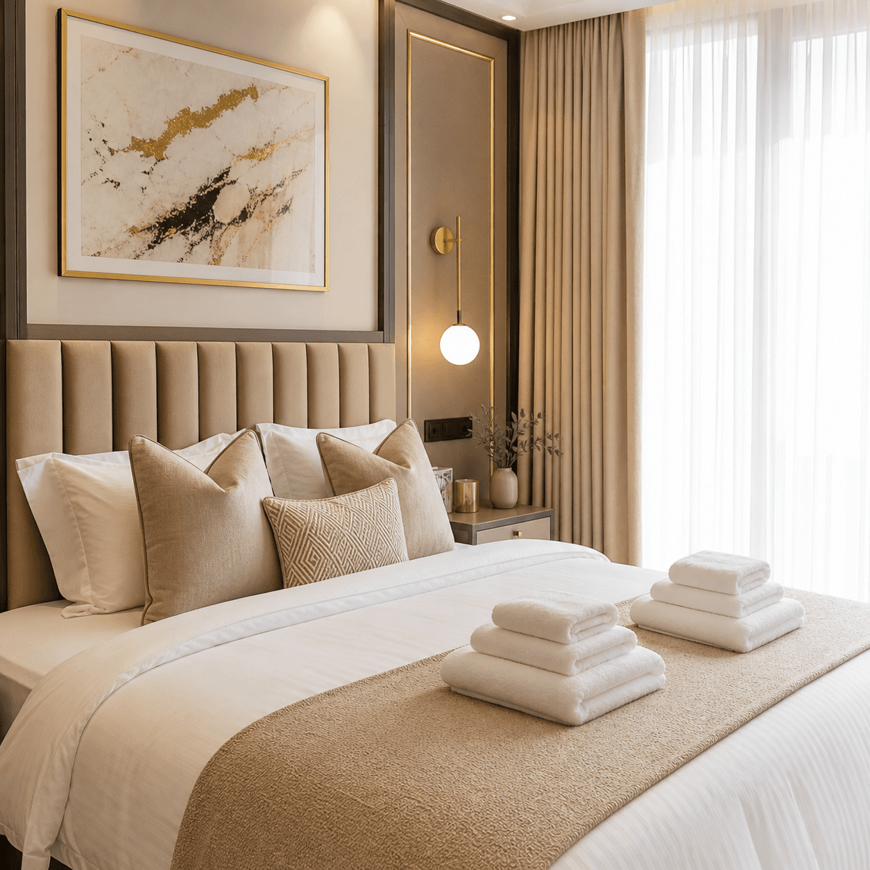 Elegant bedroom with beige tufted headboard, abstract gold art, and folded towels on the bed.
