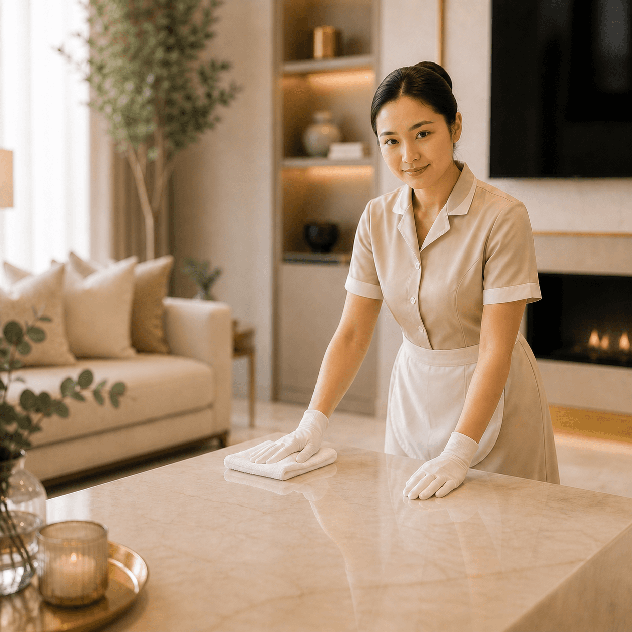 Smiling housekeeper in a beige uniform and white gloves cleaning a marble table top.
