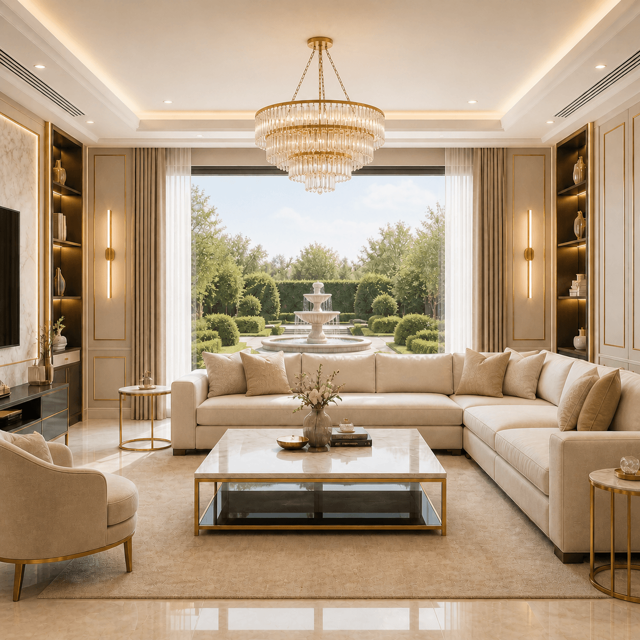 Luxurious living room with cream sectional, marble table, and view of a garden fountain.