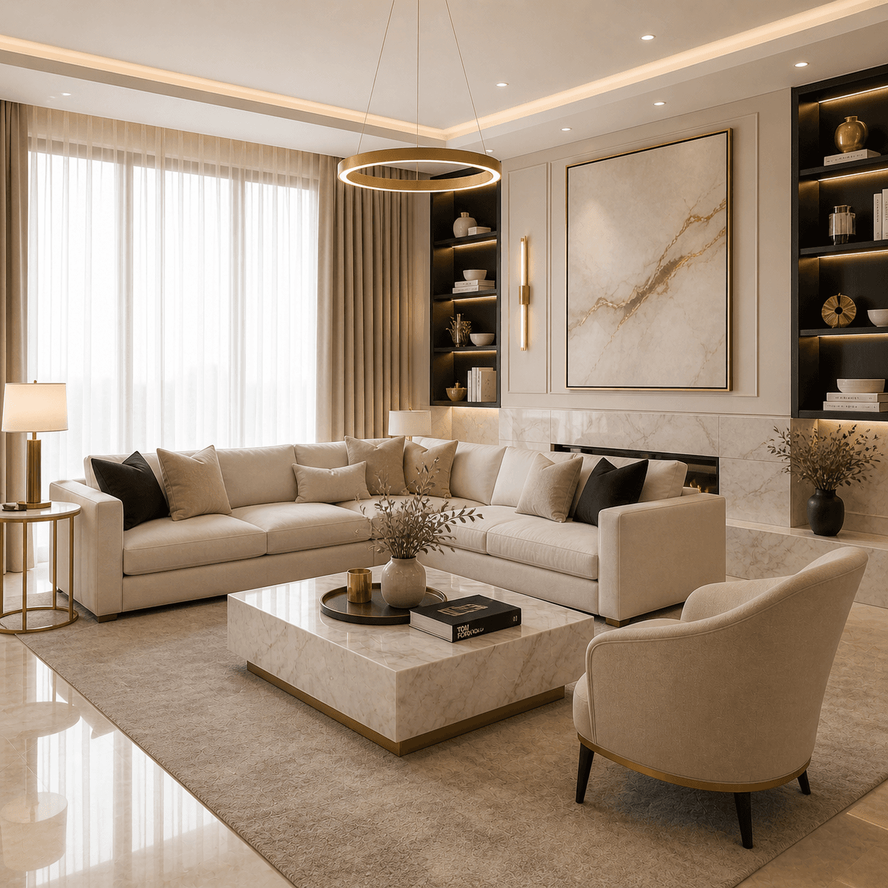 Luxurious living room featuring a cream sectional, marble coffee table, gold chandelier, and abstract art.