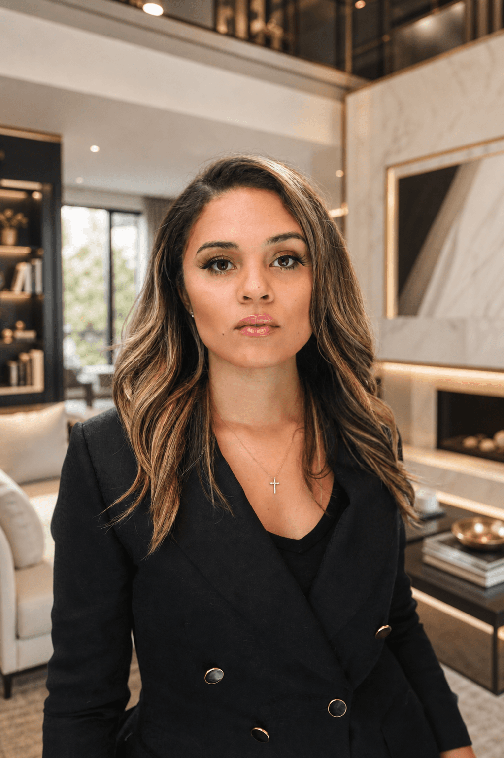 Woman with wavy brown hair wearing a black blazer and cross necklace in modern interior.