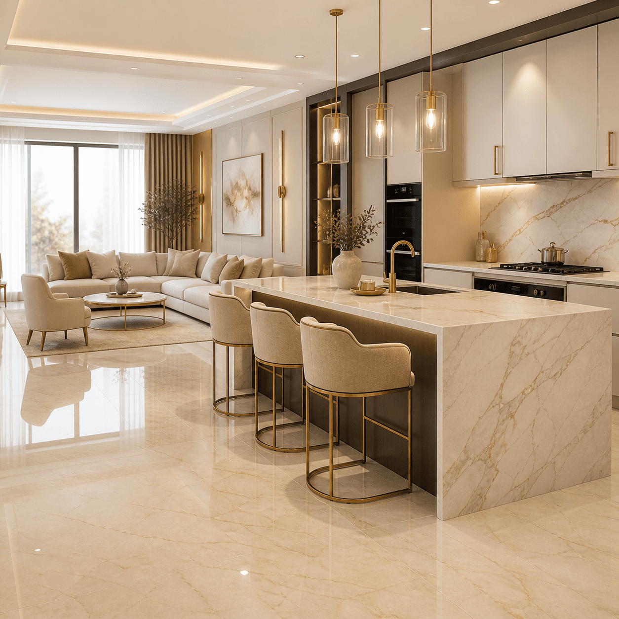 Elegant open-concept living space with a marble kitchen island, gold fixtures, and plush seating.