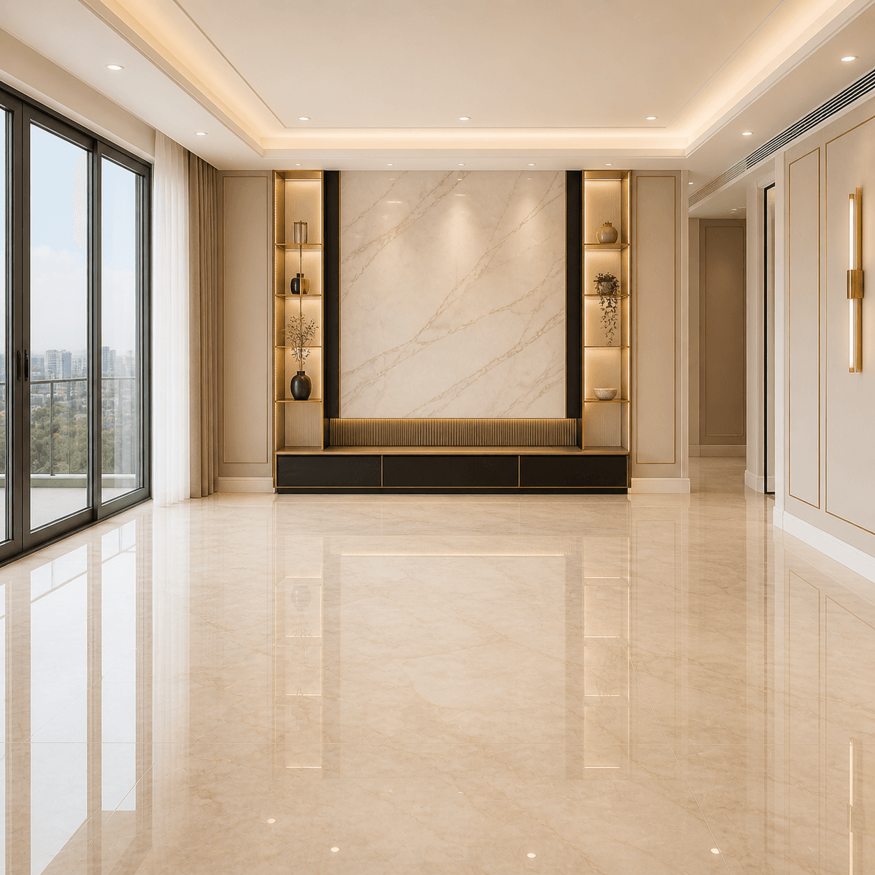 Luxurious empty room with marble feature wall, gold shelving, and highly reflective polished floors.
