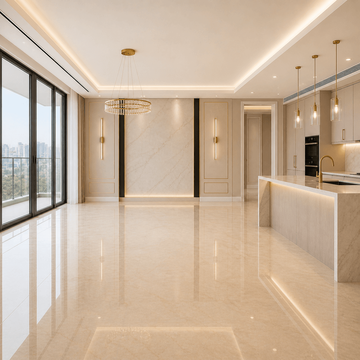 Elegant modern interior with polished marble floors, gold light fixtures, and a city view.